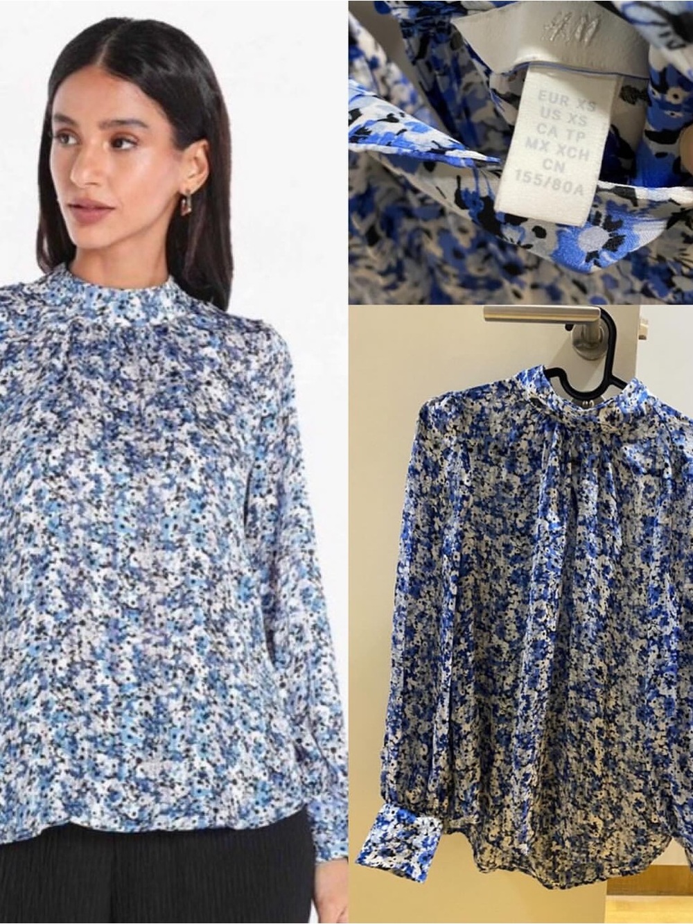 H&M Blue White Floral High Neck Long Sleeve Blouse XS